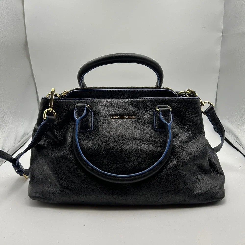 Vera Bradley Satchel Bag Womens Large Black Blue Excellent Leather‎ Crossbody